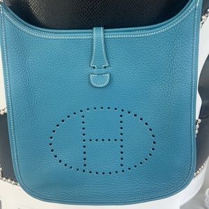 Authentic HERMES Evelyne Shoulder Bag Togo Leather Blue Jean Used Women